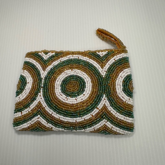 Vintage Circle Hand Beaded Wristlet Clutch/Coin Purse 5.5 in x 4 in Tan, Green - Picture 2 of 6